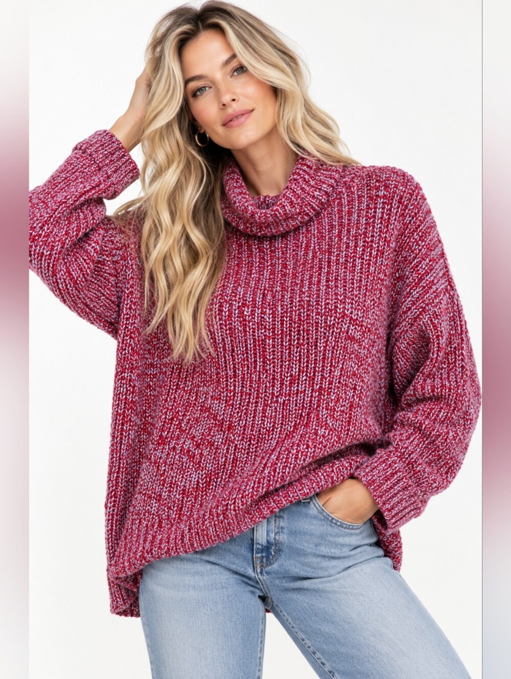 American Rag Cie Red Marled Cowl Neck Chunky Knit Sweater Medium